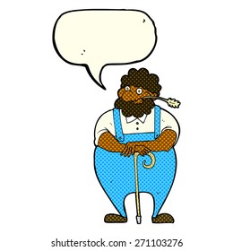 cartoon farmer leaning on walking stick with speech bubble