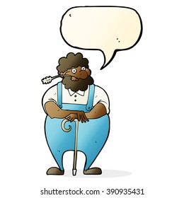 cartoon farmer leaning on walking stick with speech bubble