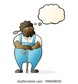 cartoon farmer leaning on walking stick with thought bubble