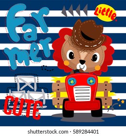 Cartoon farmer lion driving a tractor at the farm on blue and white striped background illustration  vector.