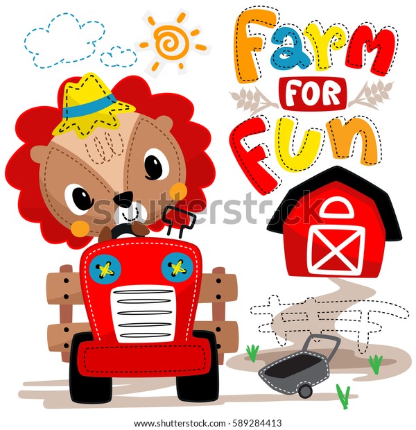 Cartoon farmer lion\
driving a tractor at the farm isolated on white background\
illustration vector.
