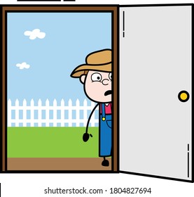 Agricultor de caricaturas mirando desde la puerta