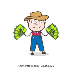 Cartoon Farmer with Lots of Money Vector Illustration