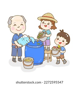 Cartoon farmer make Bio Extract water.