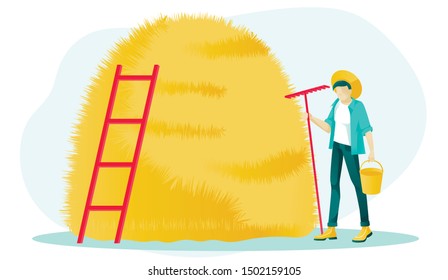 Cartoon Farmer Male Character Standing with Bucket and Rake. Flat High Haystack with Ladder. Haymaking, Autumn Harvesting, Hay Stacking and Storing. Agricultural Work and Farming. Vector Illustration