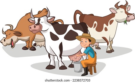 Cartoon farmer milking cow. Farm worker.