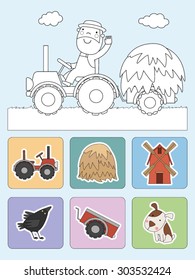 Cartoon farmer on tractor - vector illustration.