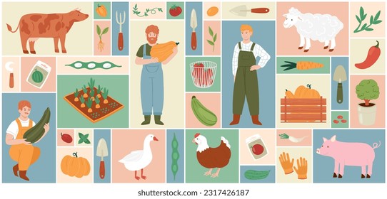 Cartoon farmer people grow harvest, organic vegetables, domestic animals and poultry, tools and plants in square collage background. Farm local production, agriculture collage set vector illustration.