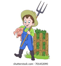 Cartoon farmer with a pitchfork and a pig, isolated on white background. Colorful book page design for kids and children.