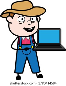 Cartoon Farmer presentation on Laptop Character Design Illustration
