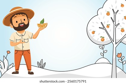 Cartoon farmer presenting an orange slice in a beautiful orchard, symbolizing agriculture and fresh produce.