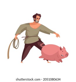 Cartoon farmer with rope chasing after pig vector illustration