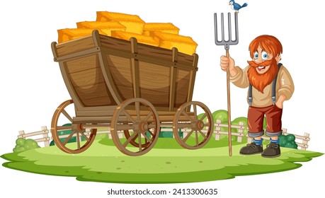 Cartoon farmer standing next to a hay-filled wagon.