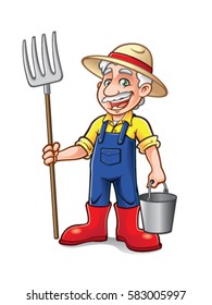 cartoon farmer was standing with a pitchfork and bucket with a big smile