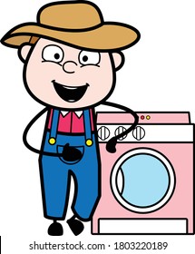 Cartoon Farmer standing with washing machine
