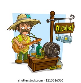 Cartoon farmer in straw hat with guitar character and alcohol vendor booth or shop market with text sign. Vector icon for game.