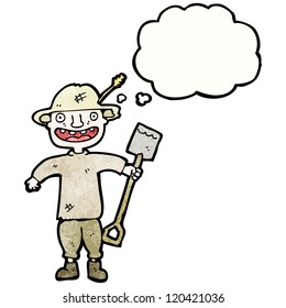 agricultor de dibujos animados con burbuja de ideas