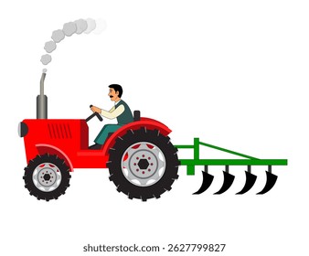 Cartoon Farmer Tractor with Plow Vector, Cartoon Farmer, Tractor Plowing, Red, drive, vector art