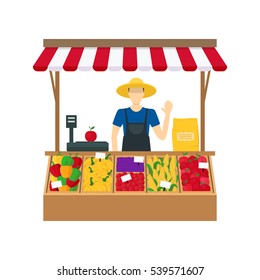 Cartoon Farmer Vegetable Seller at the Counter Organic Food Farm Flat Design Style. Vector illustration