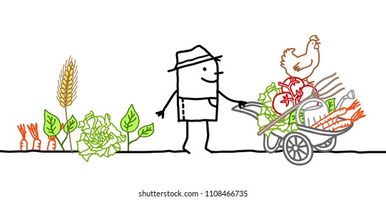 Cartoon Farmer mit Rollkarren, Gemüse und Tools