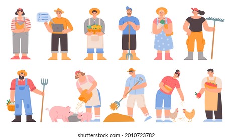 Cartoon Farmers. Agricultural Workers Hold Vegetables And Farming Tools, Feed Pig And Chickens, Dry Hay. Garden Or Farm Character Vector Set. Illustration Farm Worker With Characters And Animal