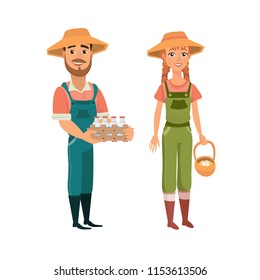 Cartoon Farmers. Cheerful Man And Woman Farm Workers In Jumpsuits, Boots And Straw Hats. Man With Moustache And Beard Holding A Box Of Milk. Woman With Ginger Braids Holding Basket With Eggs. Isolated