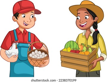 Cartoon farmers with chicken and fruits. Farm workers.