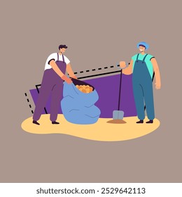Cartoon farmers collecting potatoes vector illustration. Men with shovel and sack with harvest. Agriculture, gardening, autumn, season concept for banner or web design
