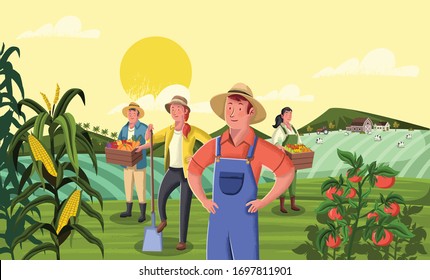 Cartoon farmers in front of colorful farm with barn, crops and cows.