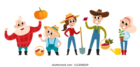 Cartoon farmers and gardeners with tools isolated on white. Set of r standing and smyling women and man with basket and showel, grandmother and grandfather with pumpkin, apple and plant.