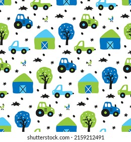 Cartoon farming pattern with transport. Tractor, car, truck, barn house, bird rooster, apple tree. Childish colored doodle style. Kids seamless texture vehicle. Baby boy fabric print. White background