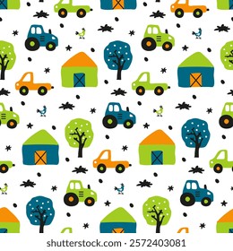 Cartoon farming pattern with transport. Tractor, car, truck, barn house, bird rooster, apple tree. Childish colored doodle style. Kids seamless texture vehicle. Baby boy fabric print. White background