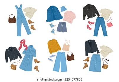 Cartoon fashion denim outfits. Casual clothing with denim jacket, dress and skirt, modern outfits and accessories flat vector illustration set on white background