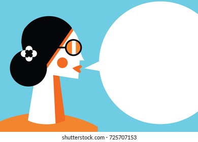 Cartoon fashion elegant woman in sunglasses and with flower hair decor talking background 