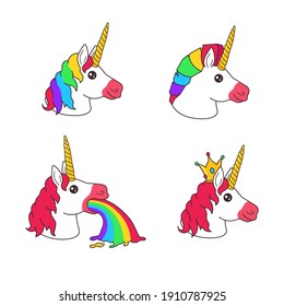 Cartoon fashion fairy unicorn head with rainbow mane stickers badge set