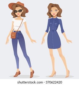 Cartoon fashion girl character wearing two casual outfits. Vector female illustration.