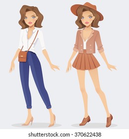 Cartoon fashion girl character wearing two casual outfits. Vector female illustration.