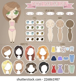 Cartoon fashion girl clothes vector icon set. Dress, blouse, skirt, shorts, jeans. Collection of different skin bodies, hairstyles, eyes, lips and cheeks elements.