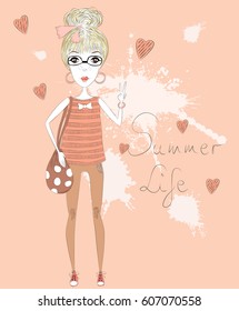 Cartoon fashion girl with Summer Life text.