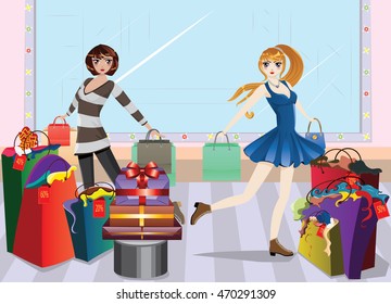 Cartoon fashion girls in casual outfit with shopping bags at shopping.