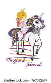    Cartoon fashion little girl with a bow and her magical friend unicorn. 
