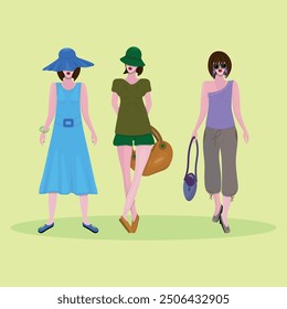 Cartoon fashion model girl in three different summer outfits look and in different poses