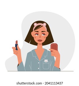 Cartoon fashion modern woman in a headband doing makeup. A cute girl in stylish pajamas holds lipstick and mirror in hands. Visage and beauty at home. Decorative cosmetics.