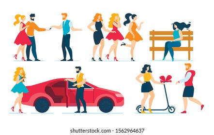 Cartoon Fashion People Characters Rest Flat Set. Female Friends, Rich Young Women with Dog Pet, Married Family Couple, Boyfriend and Girlfriend. Car and Male Valet Parking. Vector Illustration