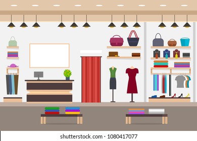 Cartoon Fashion Shop Interior With Furniture Card Poster Clothing Store Or Boutique Concept Element Flat Design Style. Vector Illustration