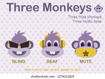 Cartoon Fashion Of Three Monkeys With Blind Deaf And Mute In Purple - Vector