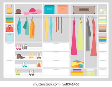 Cartoon Fashion Wardrobe Woman Modern Clothes, Shoes and Bags Flat Design Style. Vector illustration