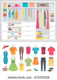 Cartoon Fashion Wardrobe Woman Modern Clothes, Shoes and Bags and Element Part Set Flat Design Style. Vector illustration