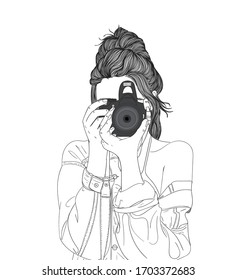 Cartoon fashion women with cameras.Doodle art concept,illustration painting
