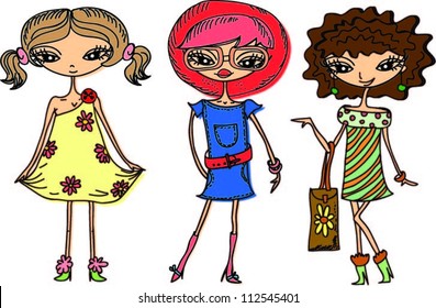 Cartoon fashionable girls